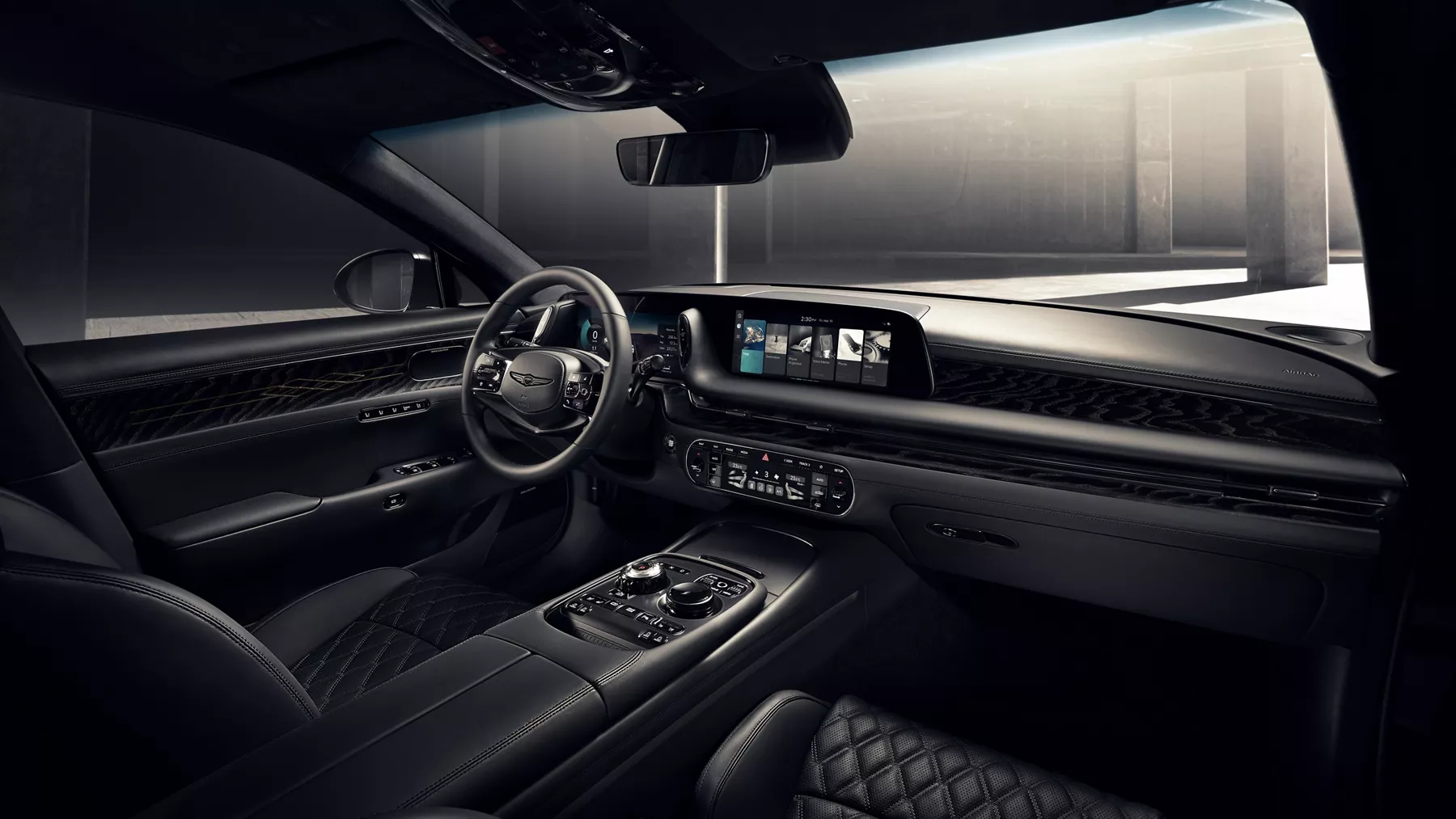 Wide angle interior front passenger seat view inside 2026 Genesis G90 in Prestige Black