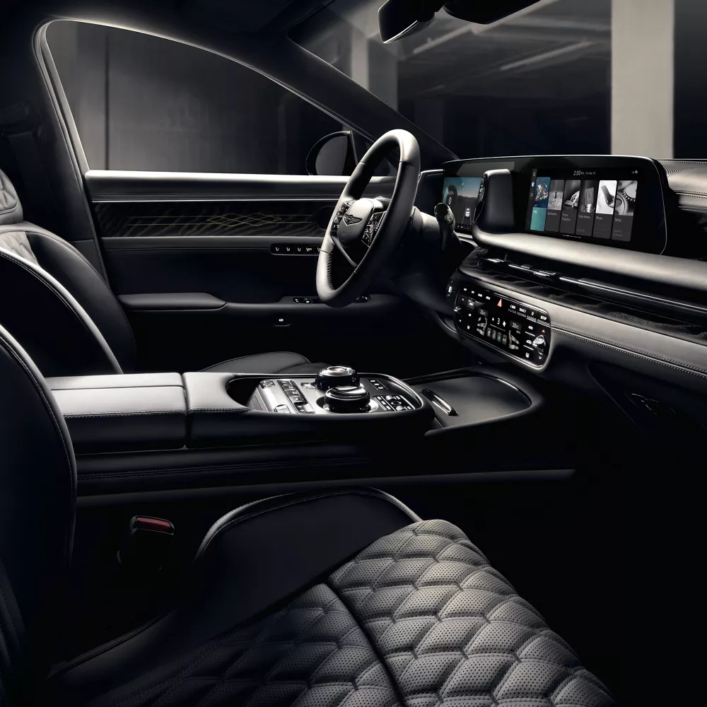 Front seat view inside 2026 Genesis G90 in Prestige Black