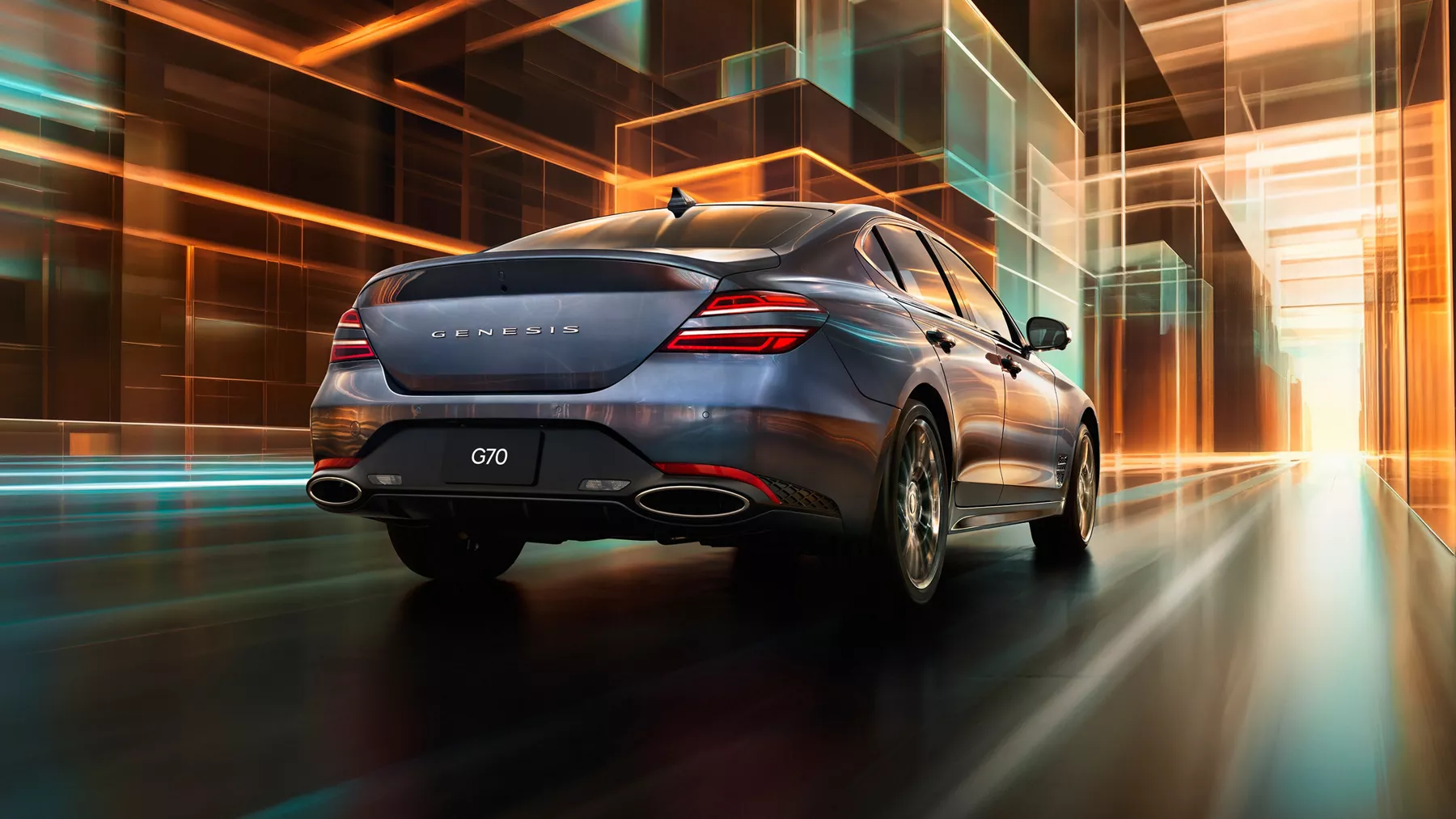 3/4 rear passenger side view of 2027 Genesis G70 Prestige Graphite in colorful digital background