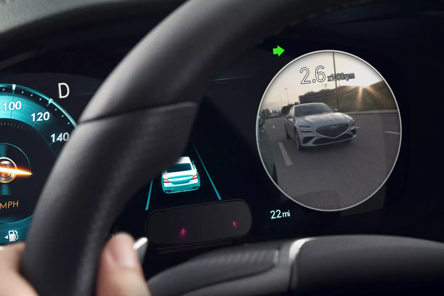 Interior closeup of Blind Spot Monitor feature on dashboard display, inside 2027 Genesis G70