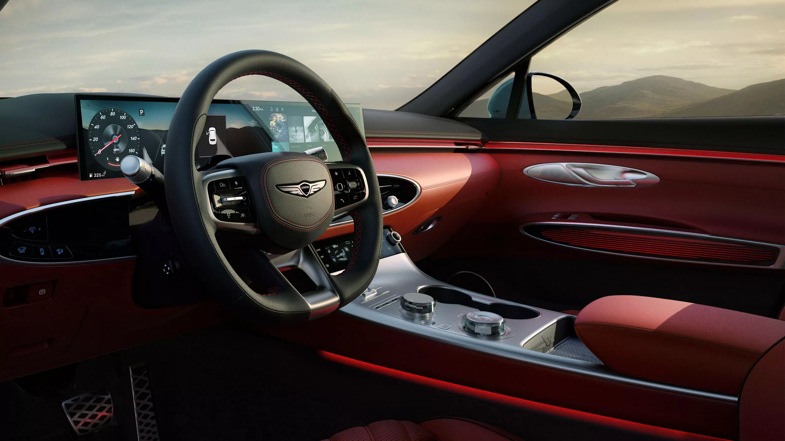 Interior view from open driver side door pov of Genesis GV70 cockpit in red nappa leather