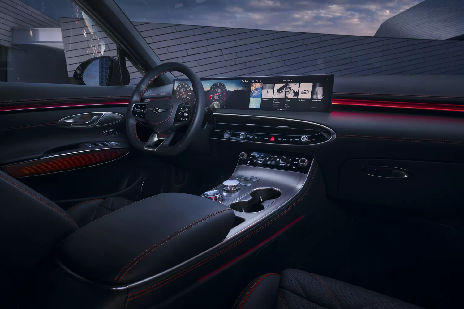 Interior view from passenger seat of Genesis GV70 cockpit in UltraMarine Blue Nappa leather