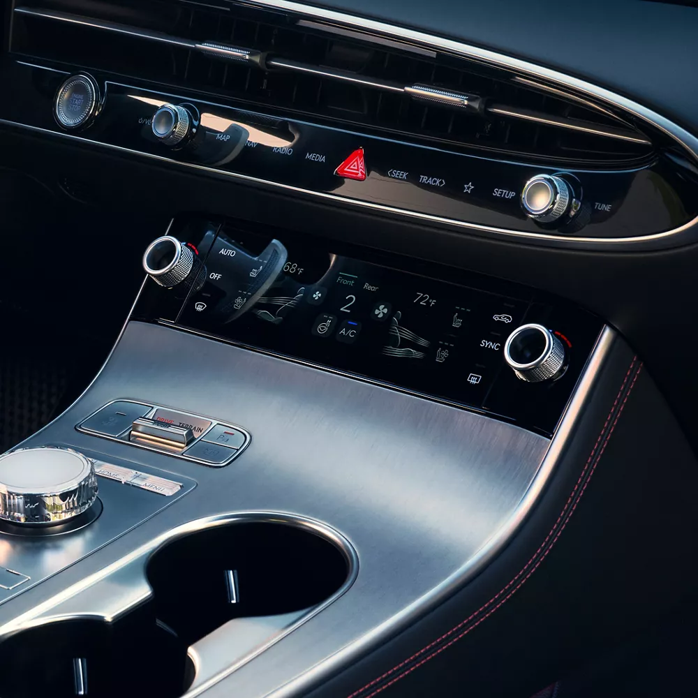 Interior close-up of center console inside Genesis GV70
