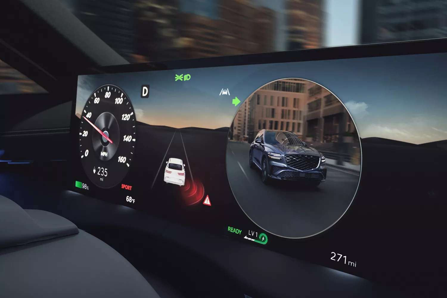 Interior close-up of digital cluster showing blind spot view assist inside Genesis Electrified GV70
