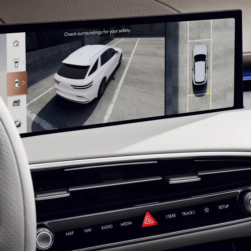 Interior driver POV of surround view monitor with parking assist in Genesis Electrified GV70
