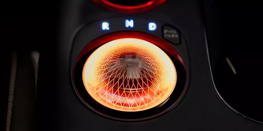 Close up of the Crystal Sphere on center console inside the 2027 Genesis GV60 Magma