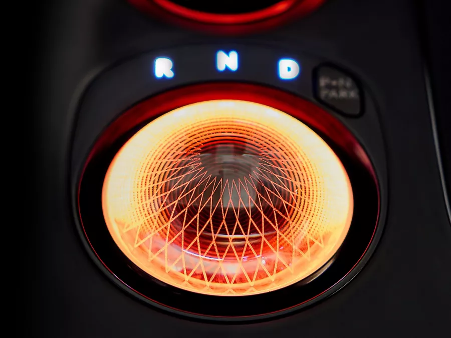 Close up of the Crystal Sphere on center console inside the 2027 Genesis GV60 Magma