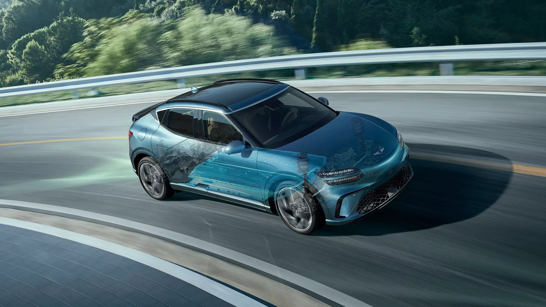 Genesis GV60 on mountain road, with computer generated cross section of suspension system