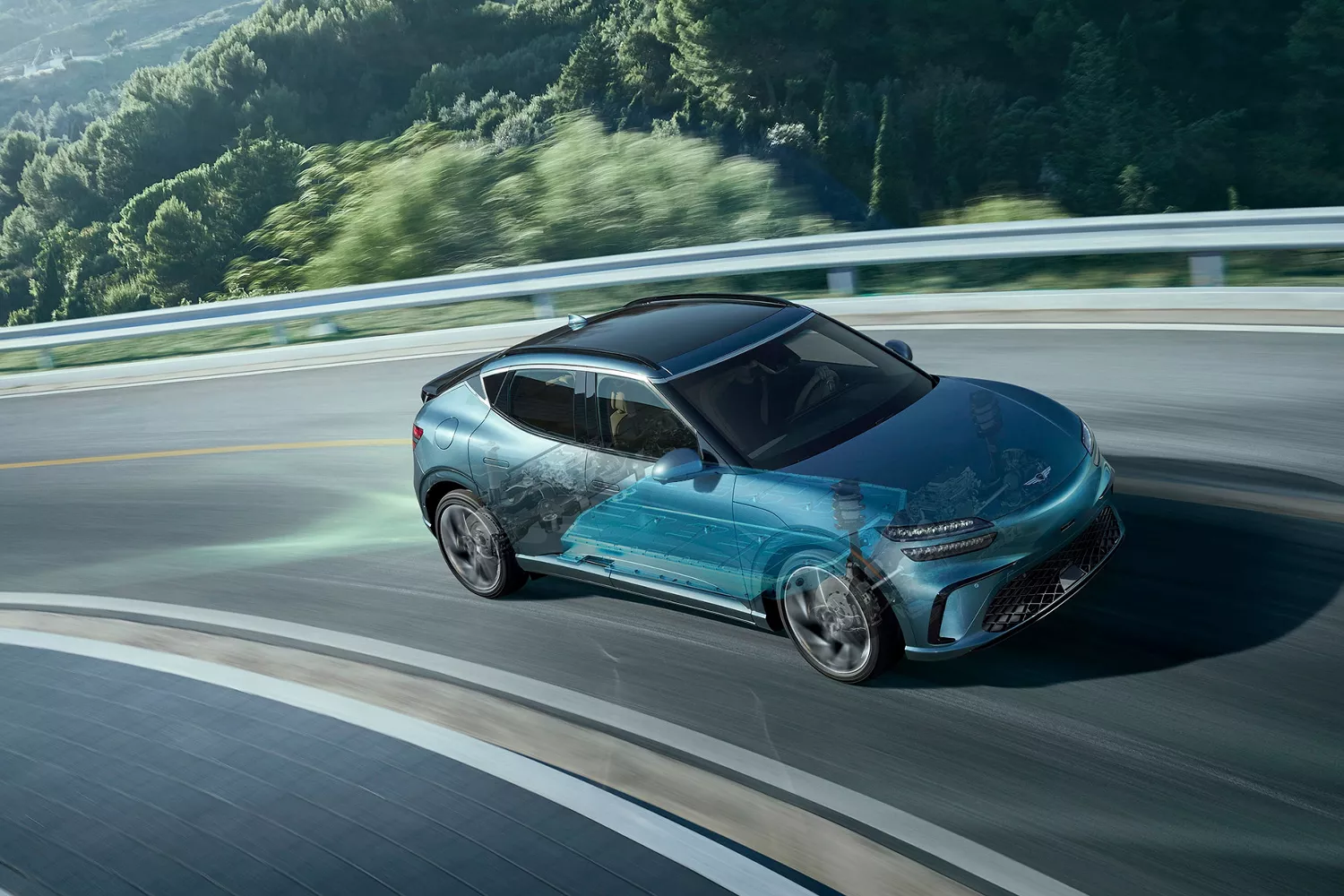 Genesis GV60 on mountain road, with computer generated cross section of suspension system