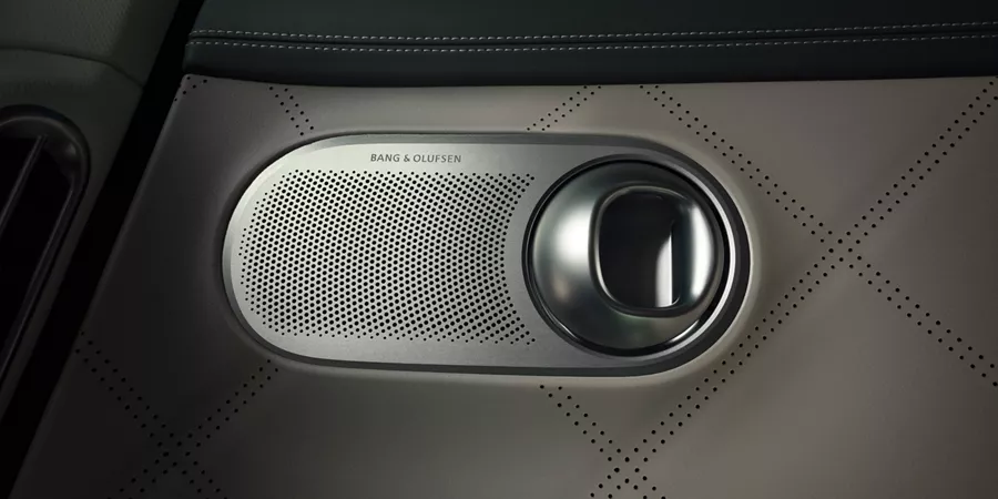 Interior close up of Bang & Olufsen speaker on Ash Gray door panel, inside Genesis GV60