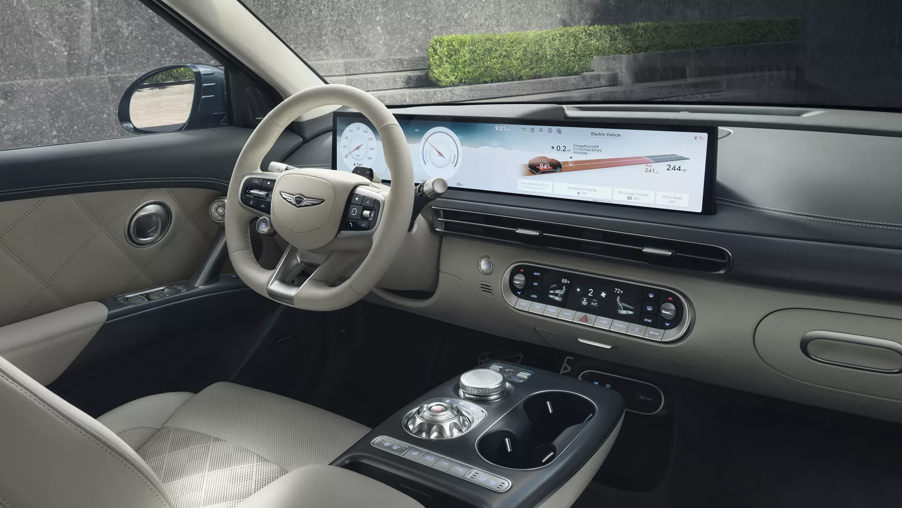 Interior view from passenger seat of cockpit inside Genesis GV60