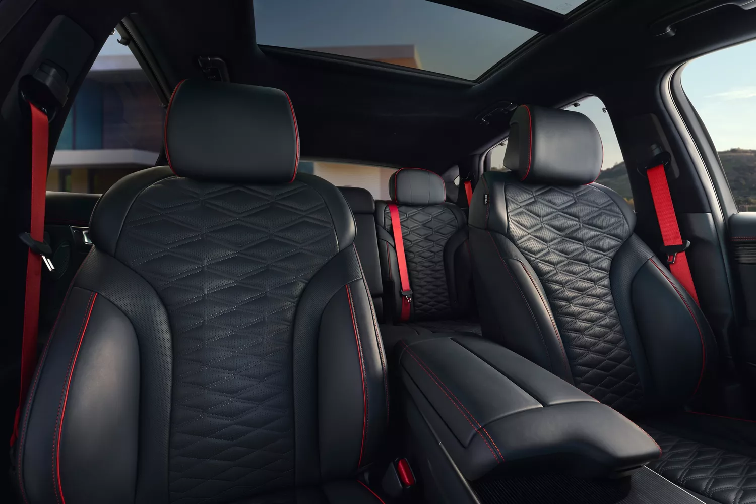 Interior view of front and rear Nappa leather seating inside Genesis GV80 Coupe