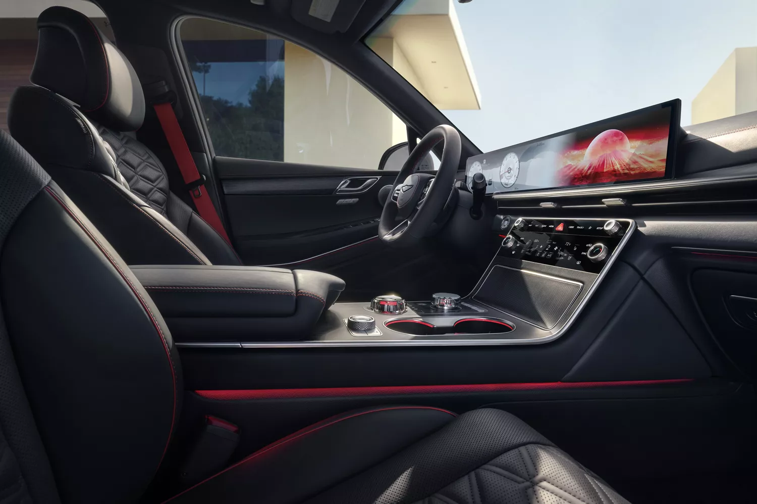 Interior passenger seat pov dashboard, center console and steering wheel inside Genesis GV80 Coupe