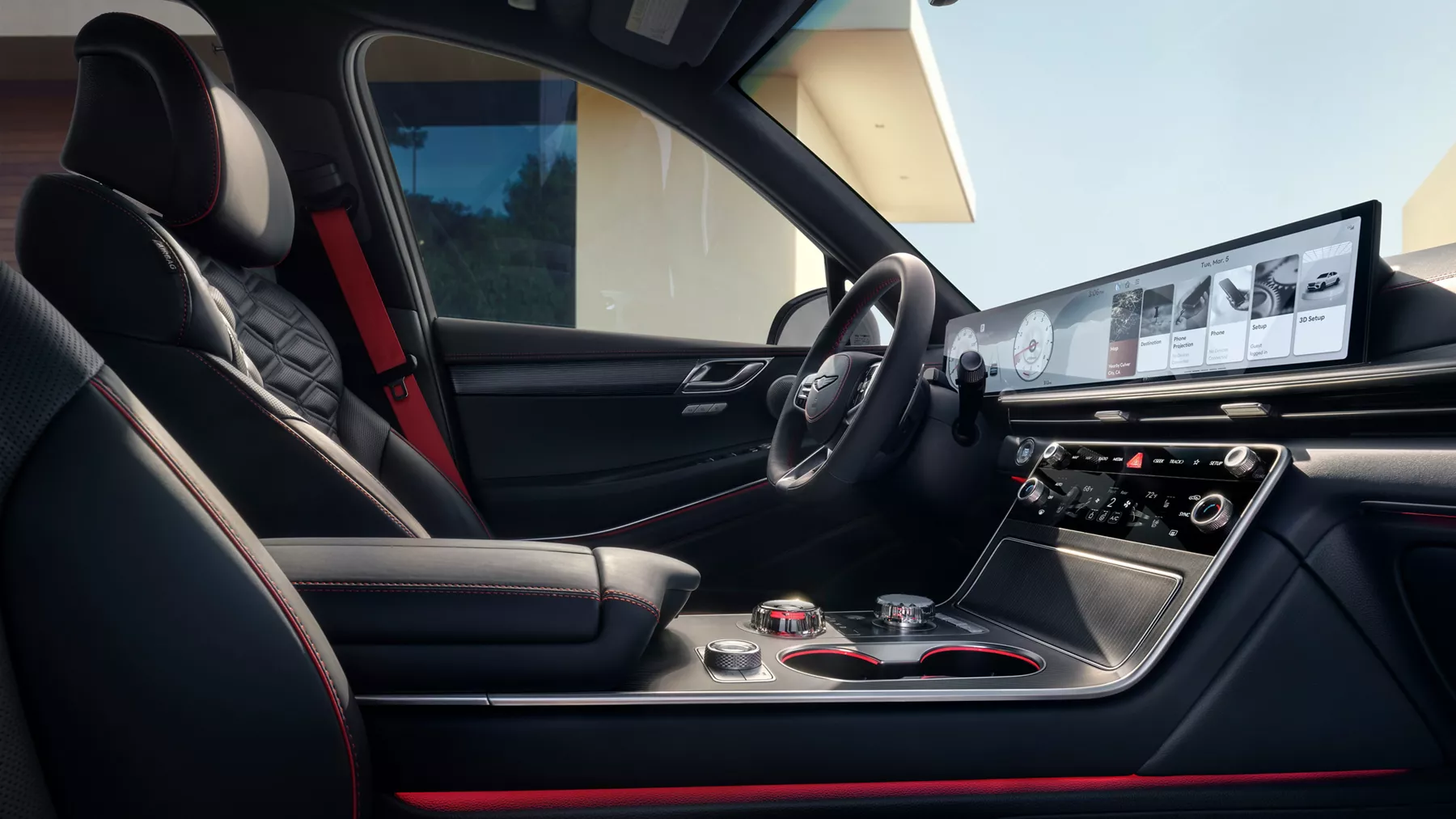 Interior passenger seat pov dashboard, center console and steering wheel inside Genesis GV80 Coupe