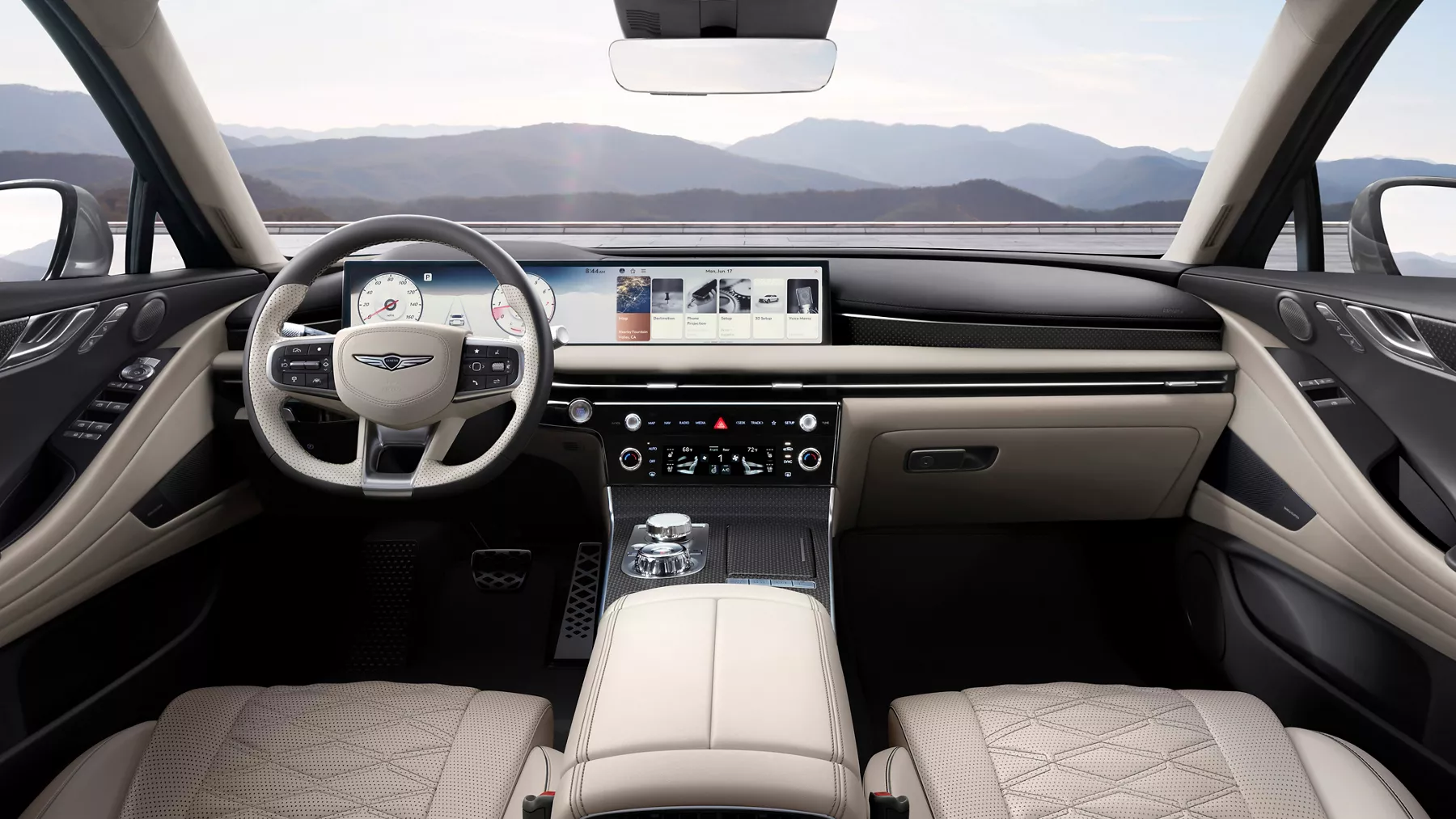 Genesis G80 with Ash Gray and Vanilla Beige interior, panoramic dashboard and premium seating