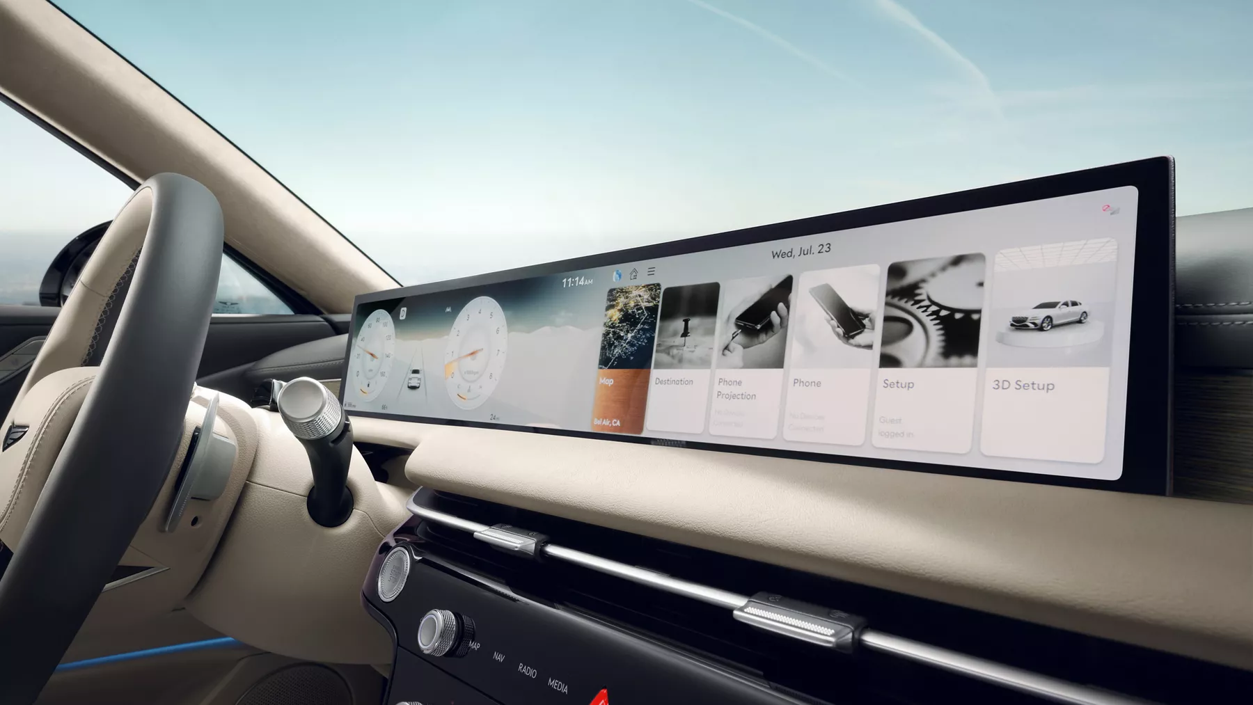 Interior close up of 27-inch OLED instrument cluster and navigation system inside Genesis G80