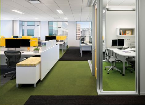 Interface Monochrome and Striation carpet tile in walkway of office with multiple open offices and a private office