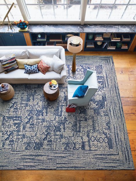 Interface PM01, PM39, and PM49 plank carpet tile in overhead view of living room area with light colored furniture image number 2