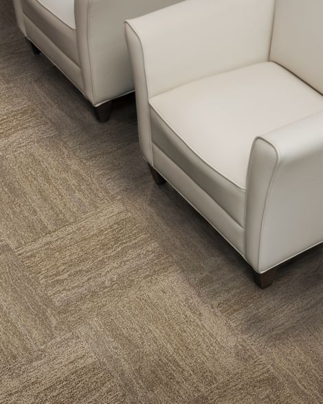 Interface Vermont carpet tile floor close up with white chairs image number 10
