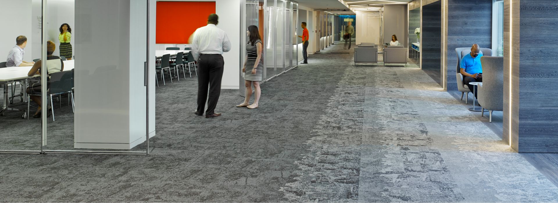 Interface B601, B602 and B603 carpet tile in open office corridor with meeting area on left