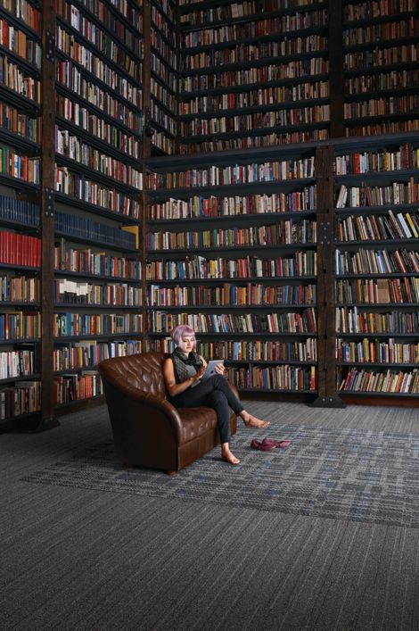 Interface WW860 plank carpet tile and FLOR Scottish Sett carpet tile in library with couch image number 7