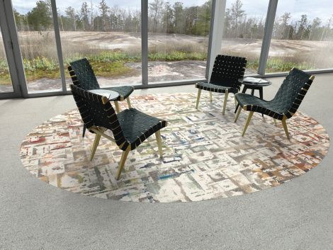 Interface Panola Mountain and Rockland Road carpet tile in glass-enclosed seating area with four chairs