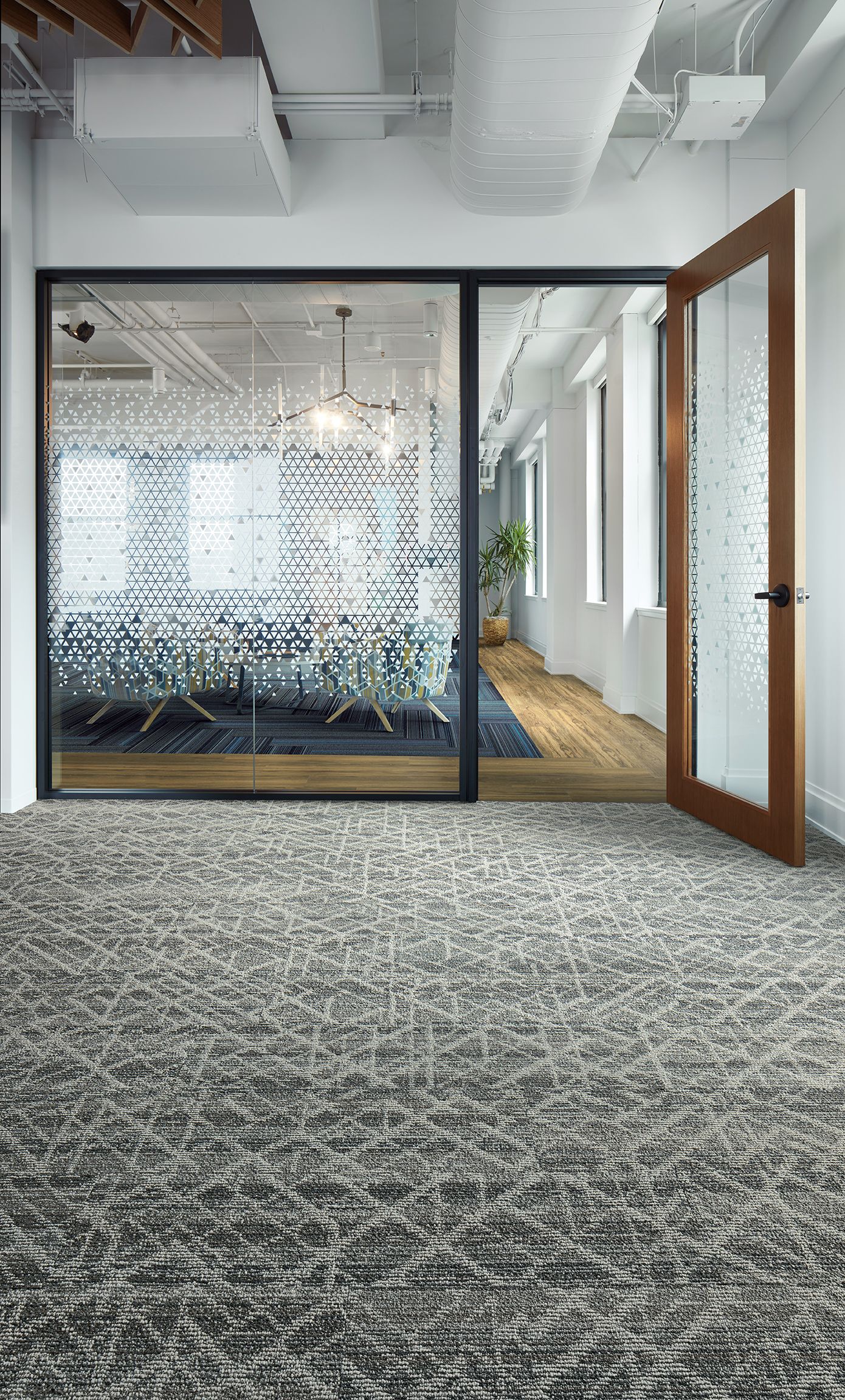 Interface Aglow and Glisten plank carpet tile with Natural Woodgrains LVT in modern office imagen número 2
