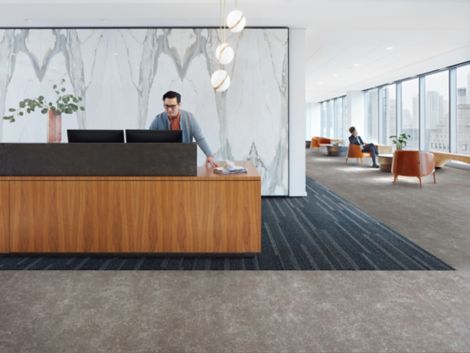 Interface Simple Sash plank carpet tile and Walk of Life LVT in a corporate lobby area with front desk  afbeeldingnummer 2