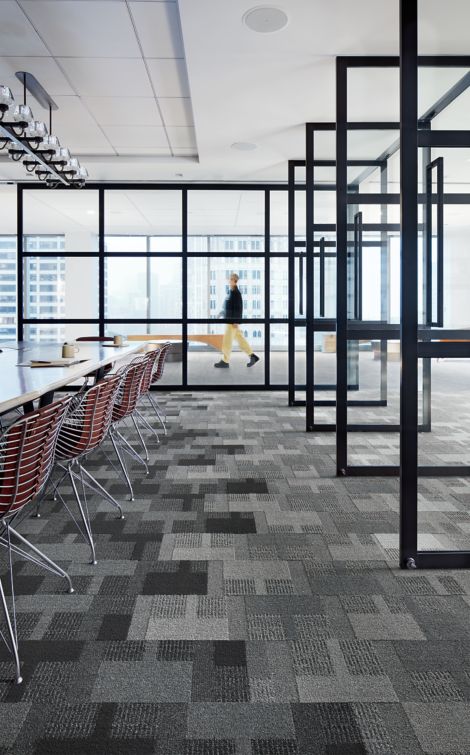 Interface Geisha Gather plank carpet tile and Walk of Life LVT in meeting room