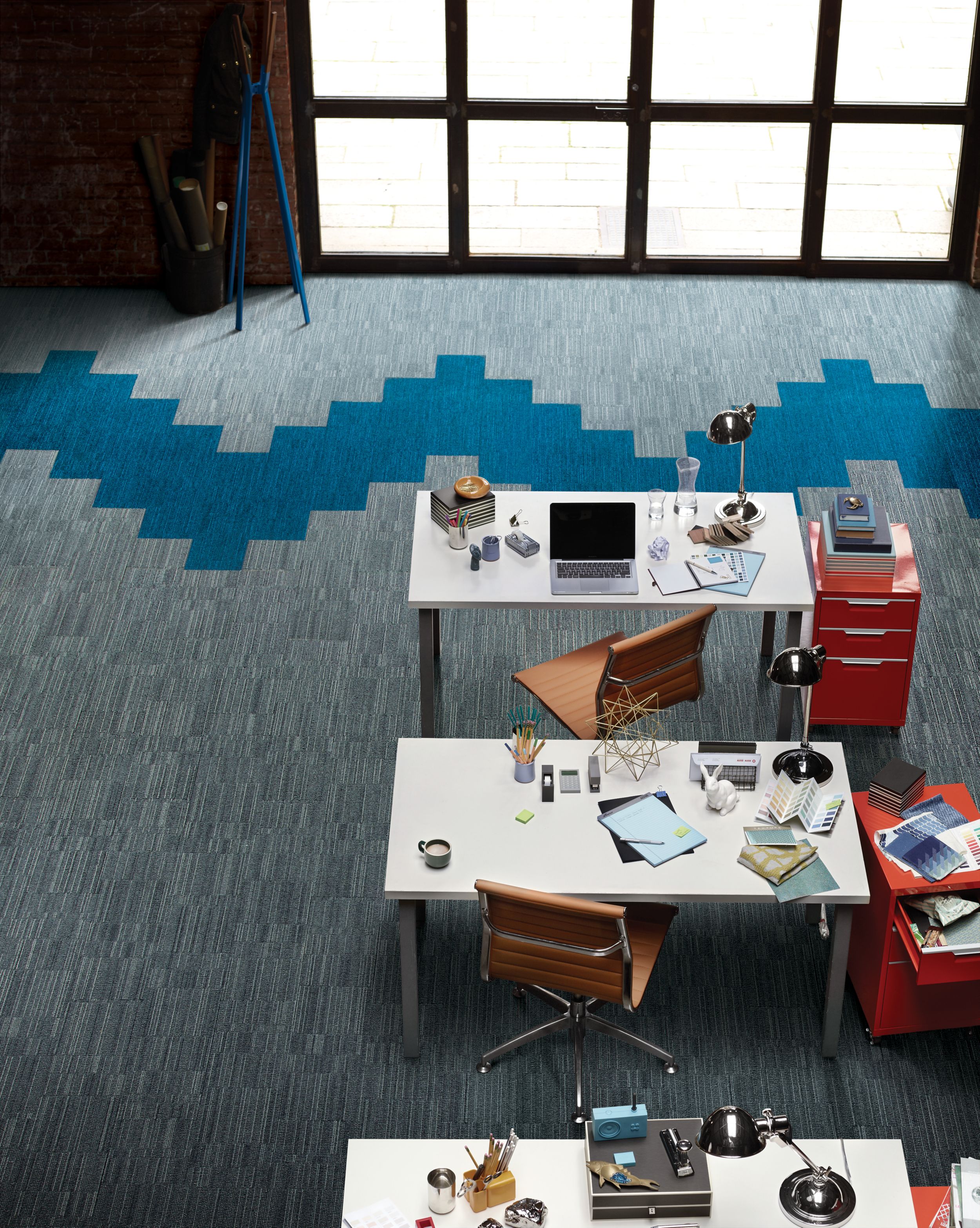 Aerial view of Interface B702 plank carpet tile in open office with red filing cabinets image number 5