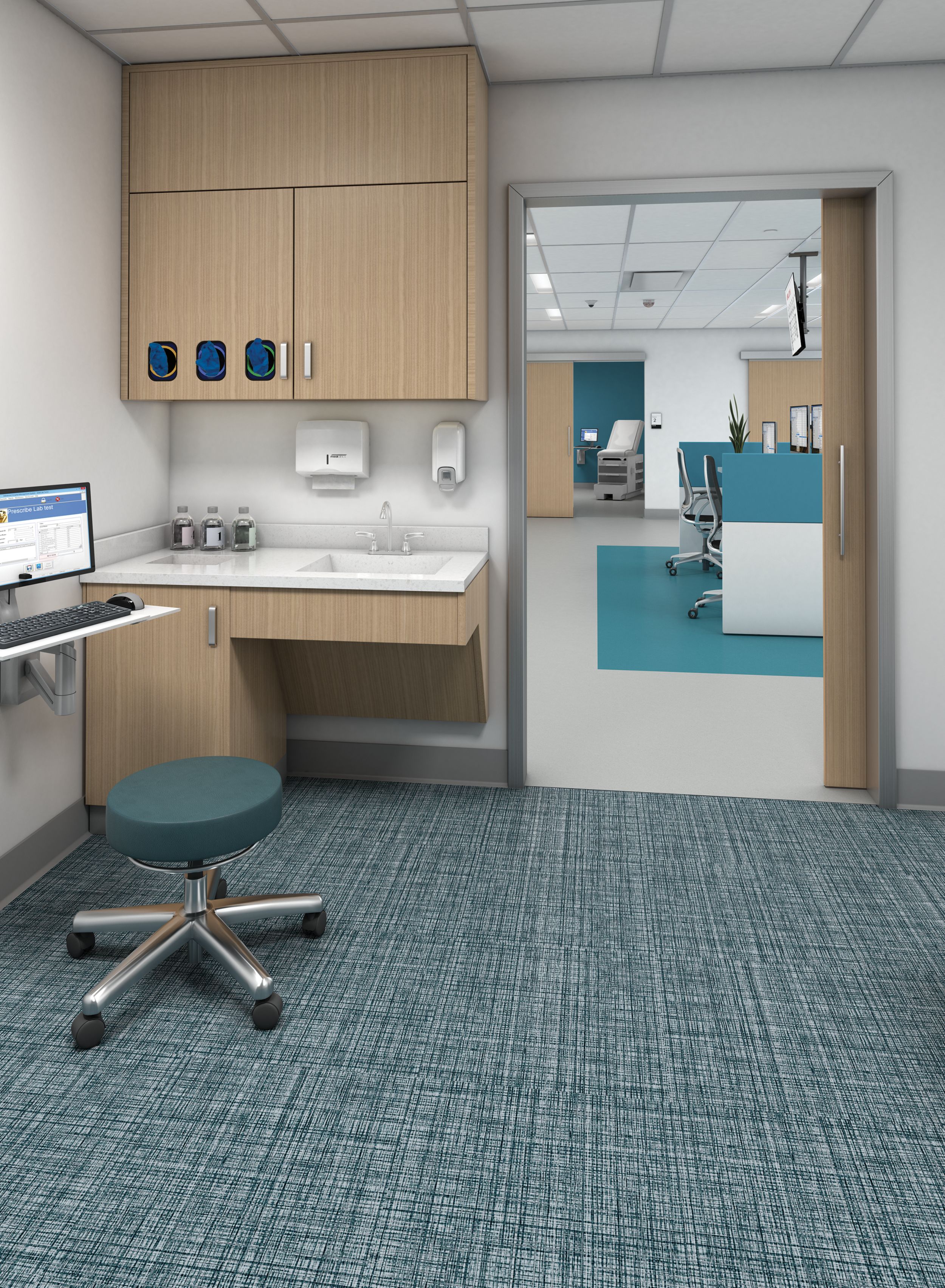 Interface Native Fabric LVT in exam room with nora by Interface sentica rubber flooring in outer area imagen número 15