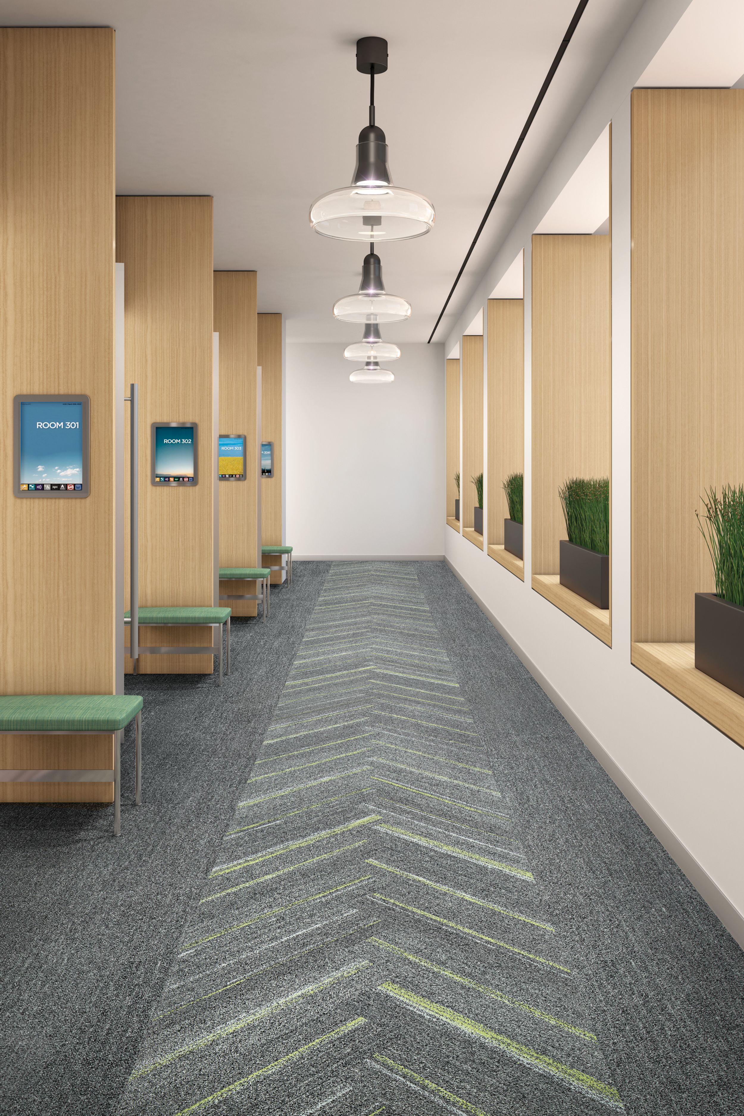 Interface Harmonize and Ground Waves plank carpet tile in corridor imagen número 12