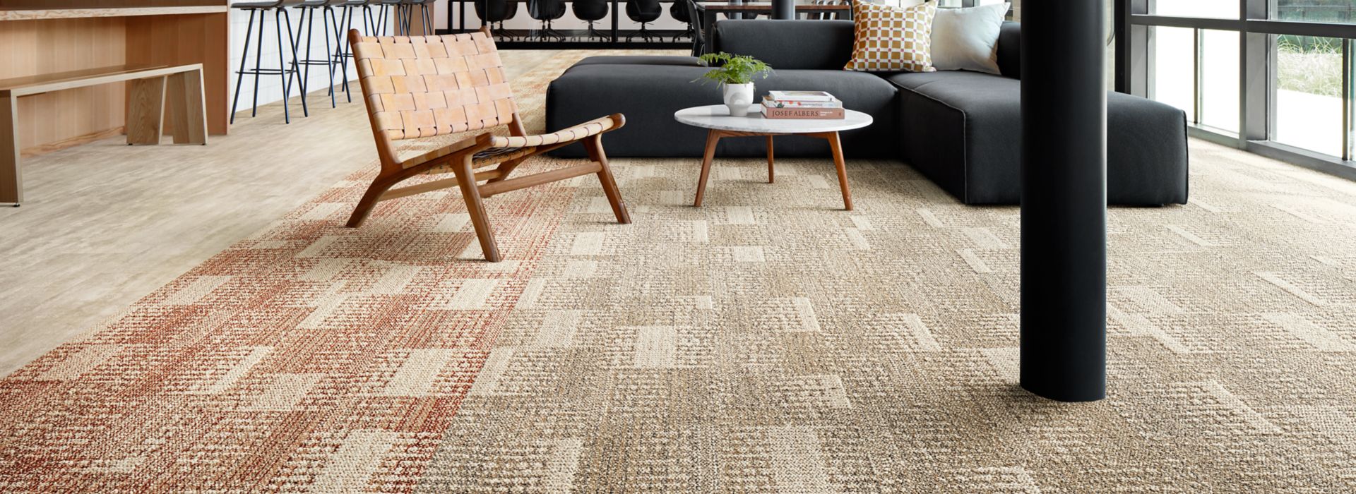 Interface Dot O-Mine plank carpet tile with Cliff LVT in lobby