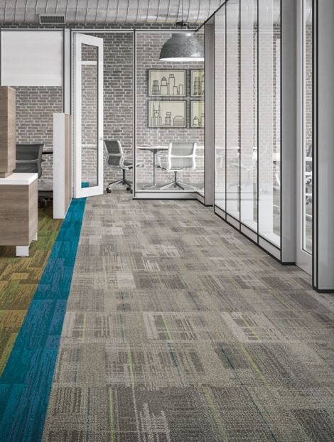 Interface AE312 carpet tile with AE317 plank carpet tile in office corridor