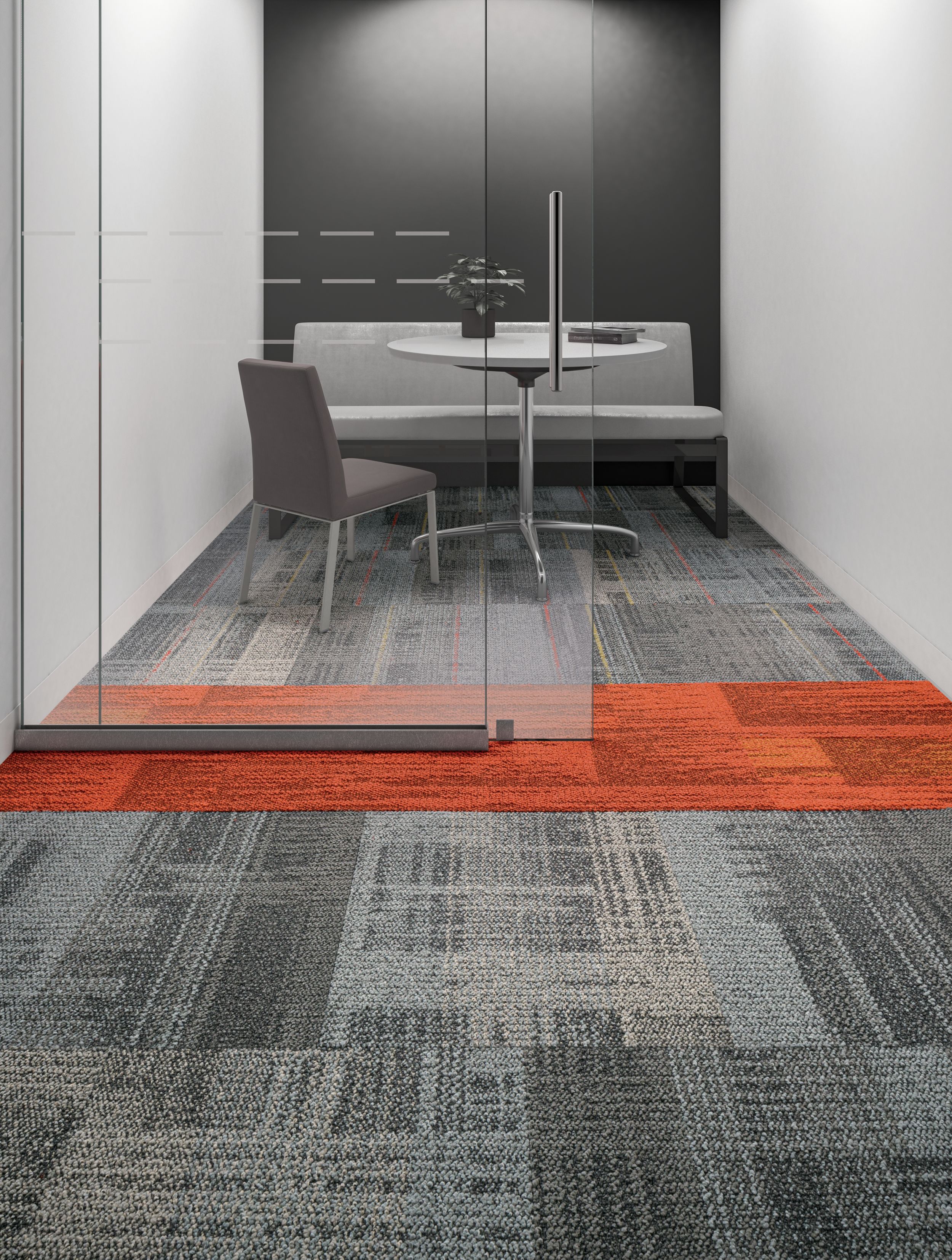 Interface AE312 and AE310 carpet tile with AE317 plank carpet tile in small meeting room imagen número 6