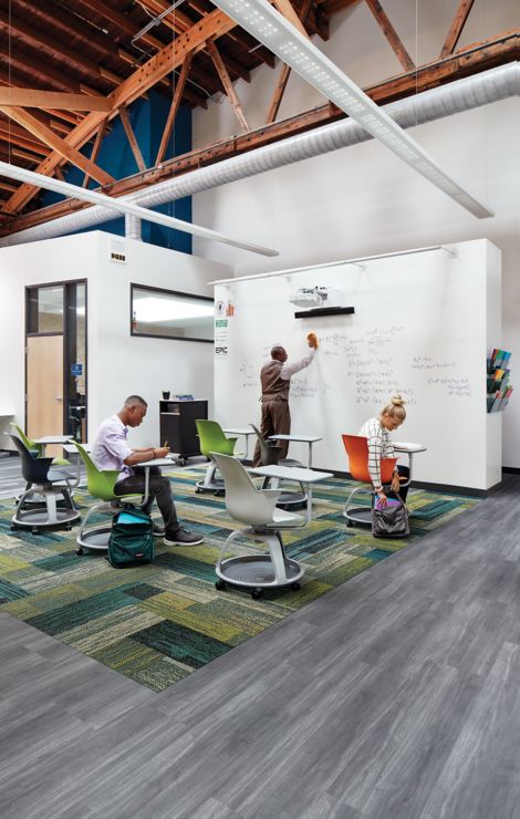 Interface Aerial Flying Colors AE317 plank carpet tile with Studio Set LVT in classroom image number 6