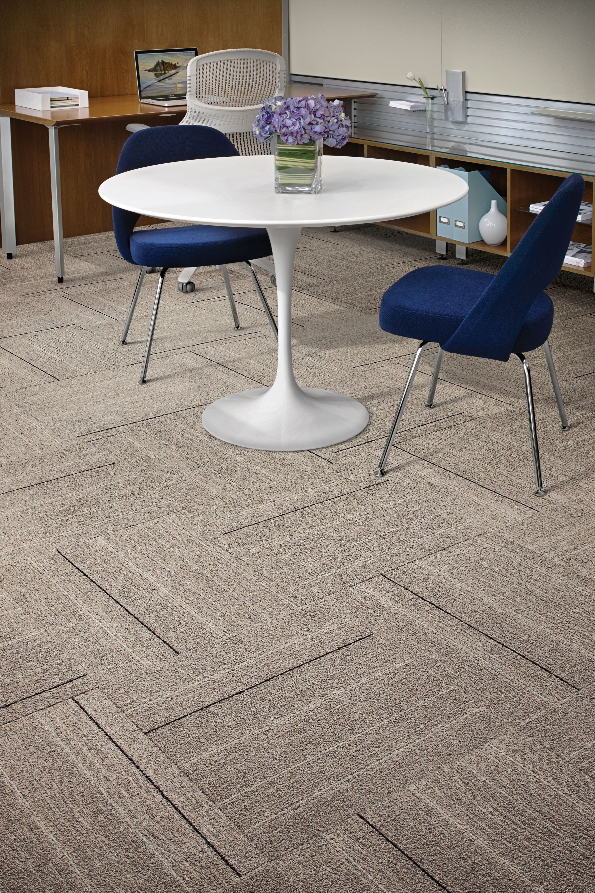 Interface Accent Flannel carpet tile with small white table and blue chairs image number 3