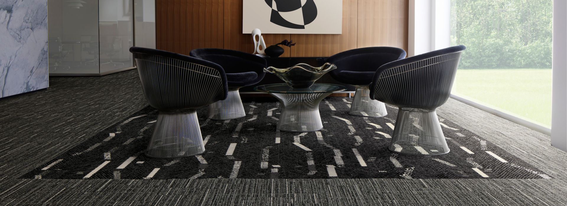 Interface Accent Hour and Comes Around plank carpet tile in workplace meeting area with Knoll Platner furniture