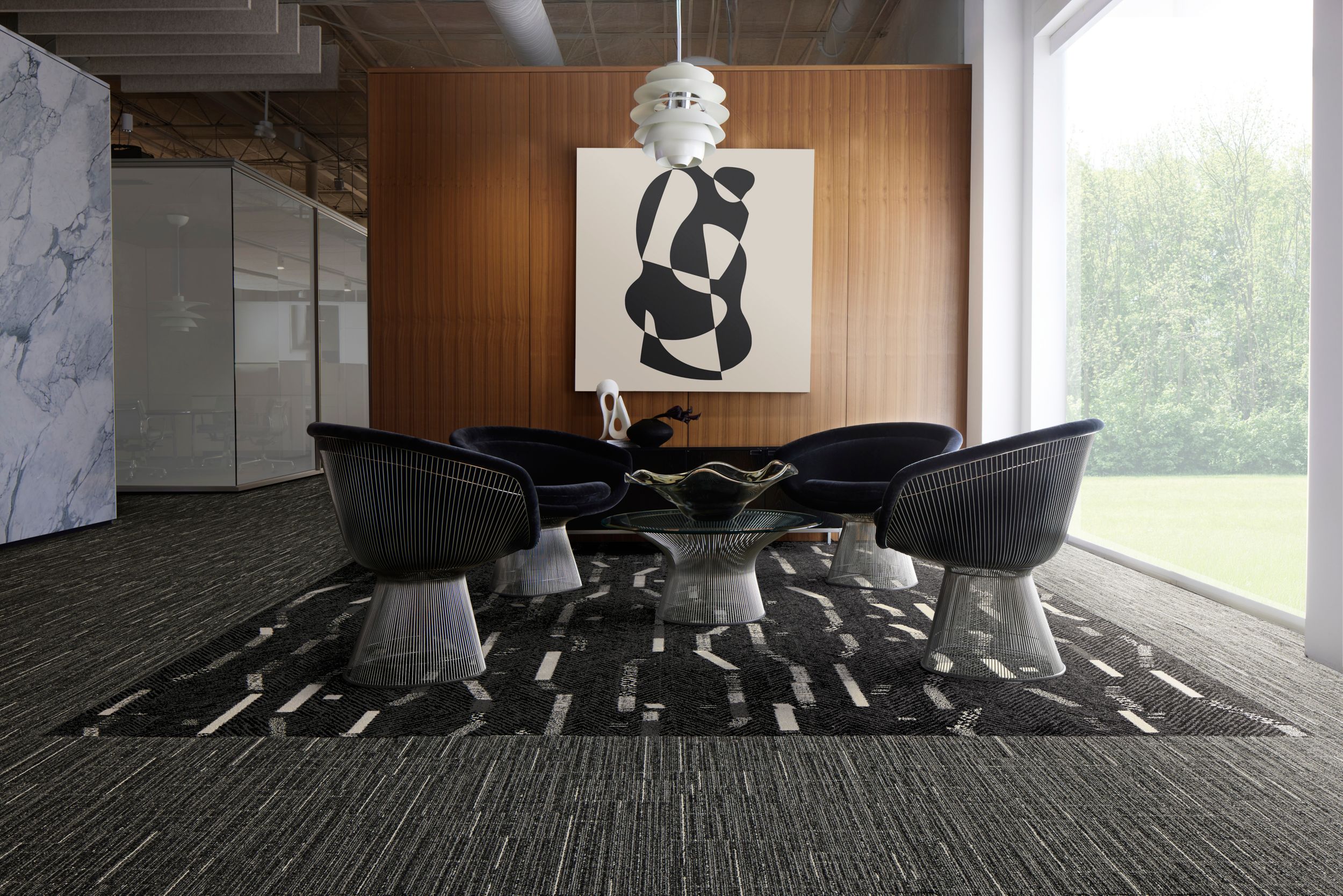 Interface Accent Hour and Comes Around plank carpet tile in workplace meeting area with Knoll Platner furniture image number 2
