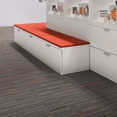 Interface Alliteration carpet tile in Mineral/Persimmon in office work area with filing cabinets imagen número 1