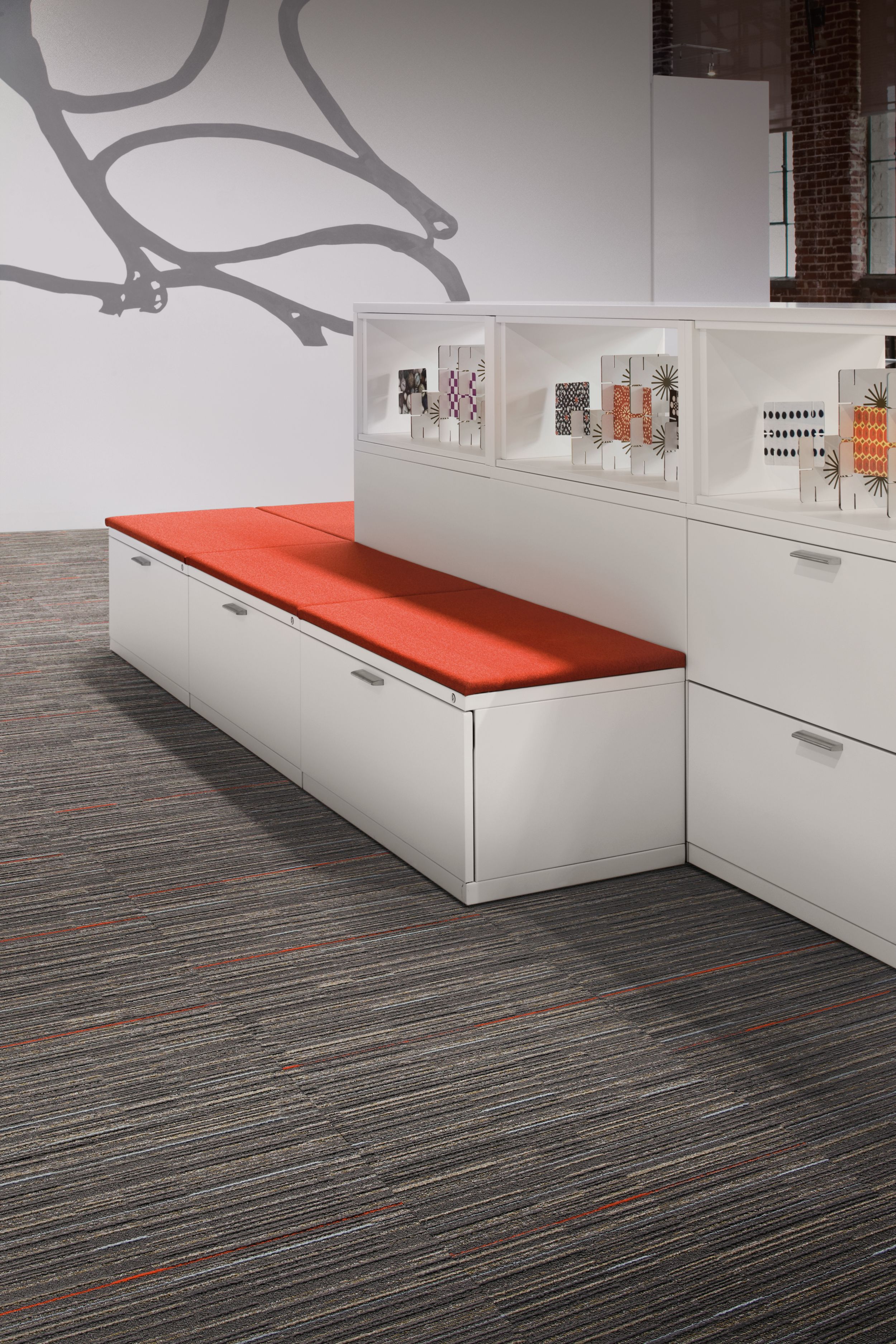 Interface Alliteration carpet tile in Mineral/Persimmon in office work area with filing cabinets image number 5