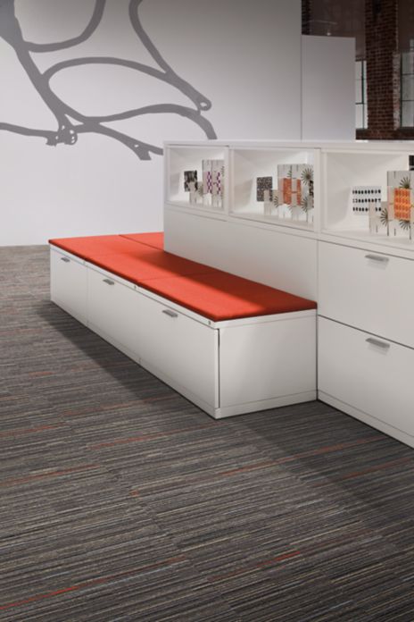 Interface Alliteration carpet tile in Mineral/Persimmon in office work area with filing cabinets