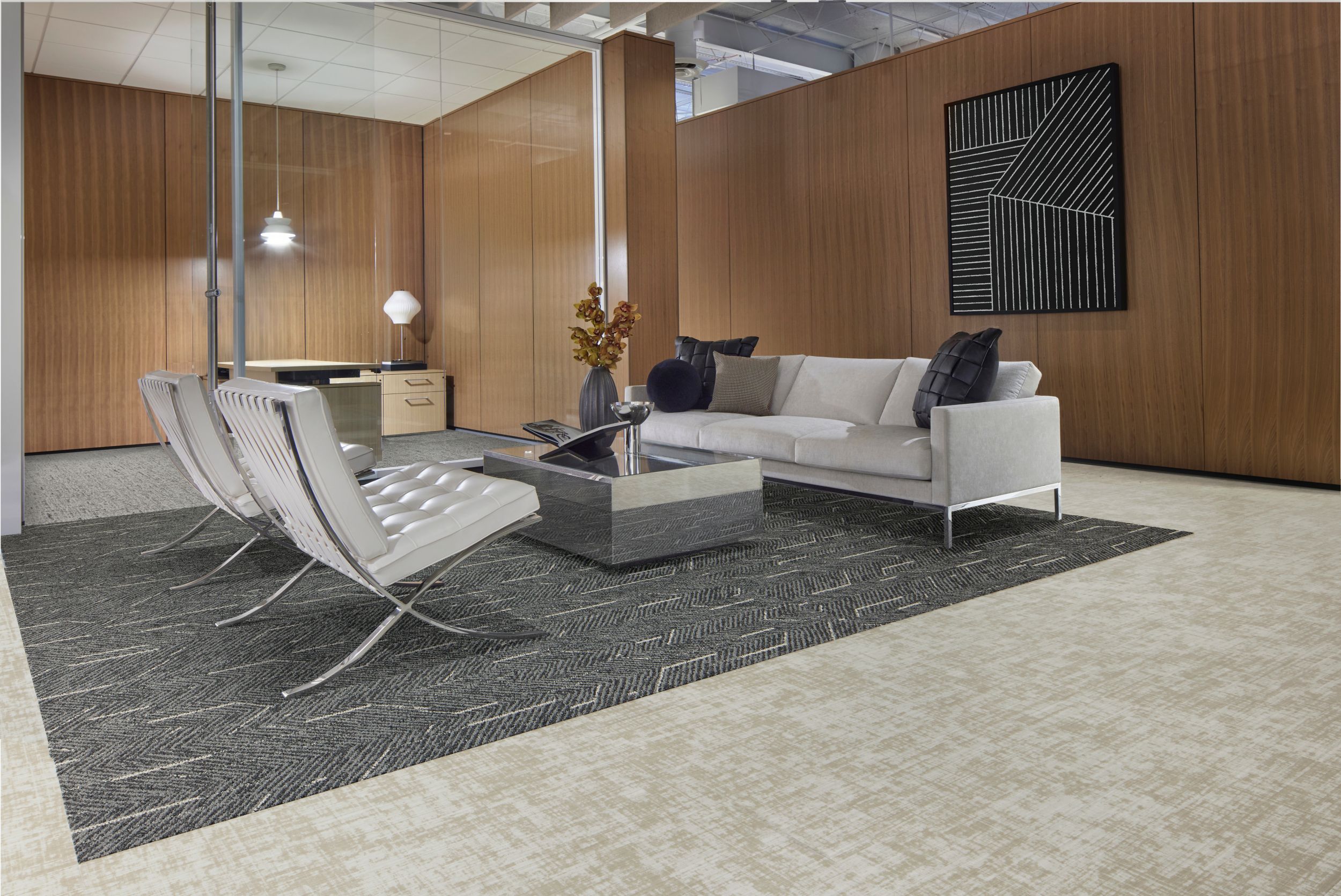 Interface Angular Times and Simple Does It carpet tile with Heirloom LVT in workplace lobby image number 4