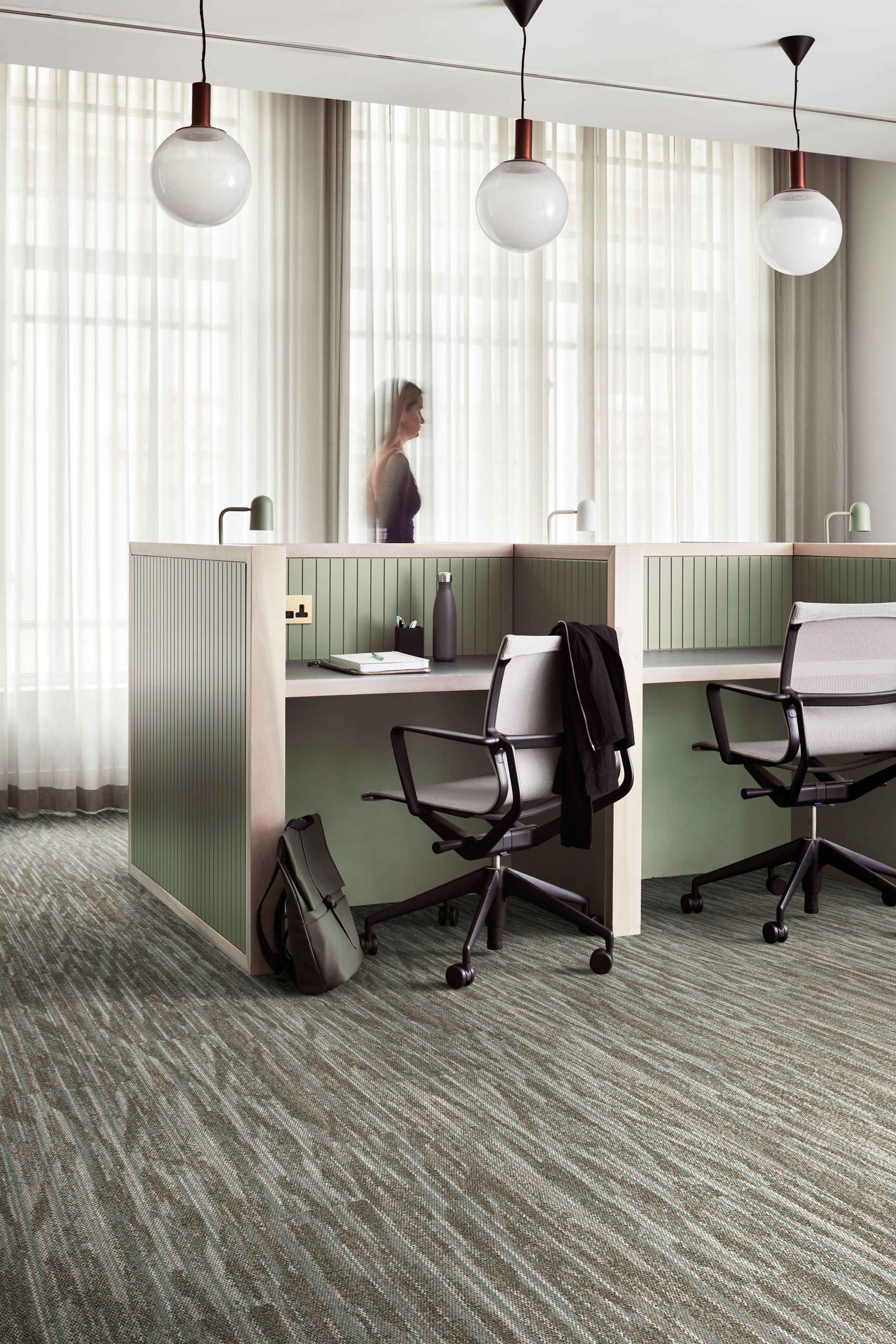 Interface Another Angle plank carpet tile in open office with woman walking image number 2