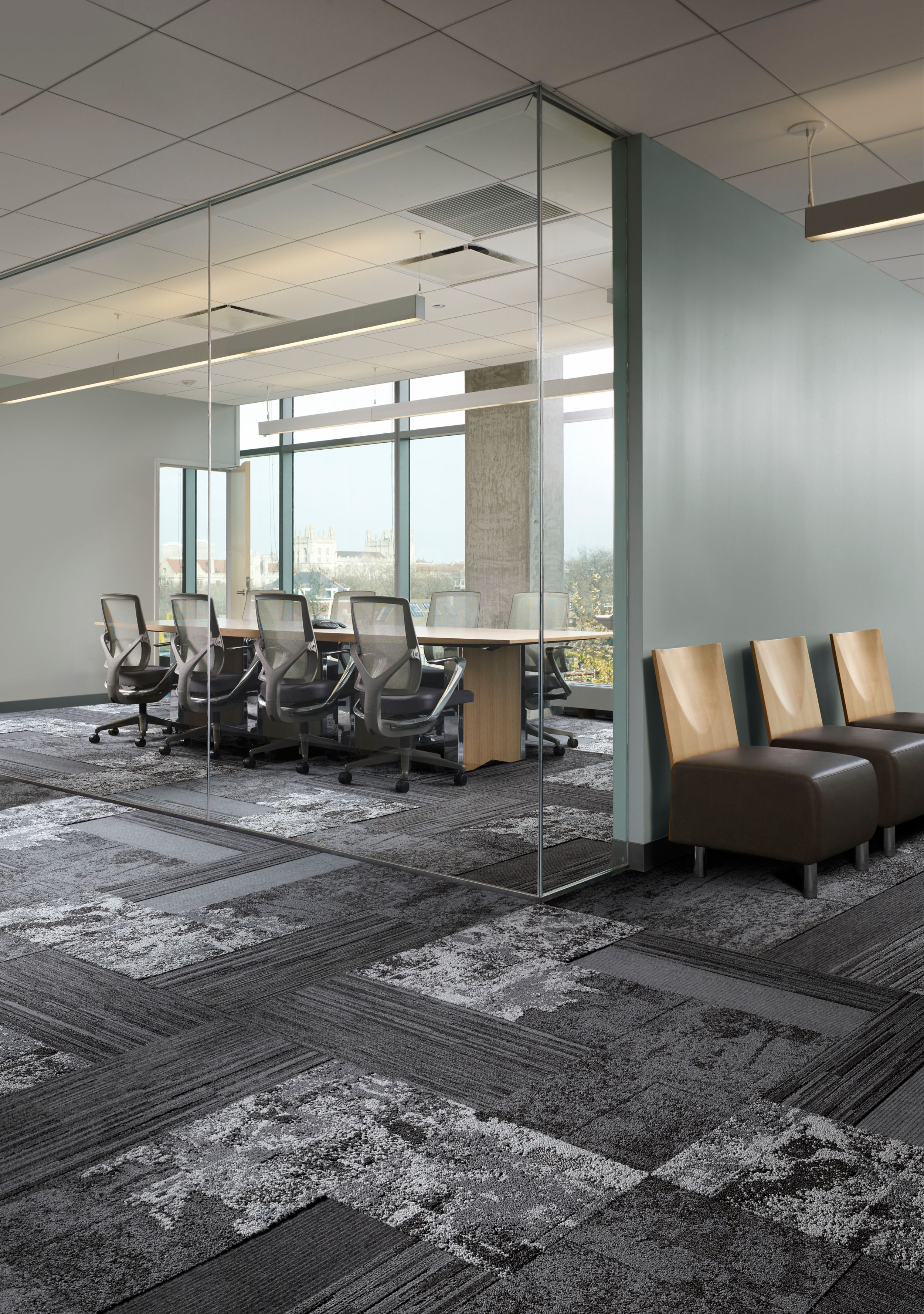 Interface B601, B602 and B602 carpet tile with B701, B702 and B703 plank carpet tile in private conference room and surrounding area image number 7