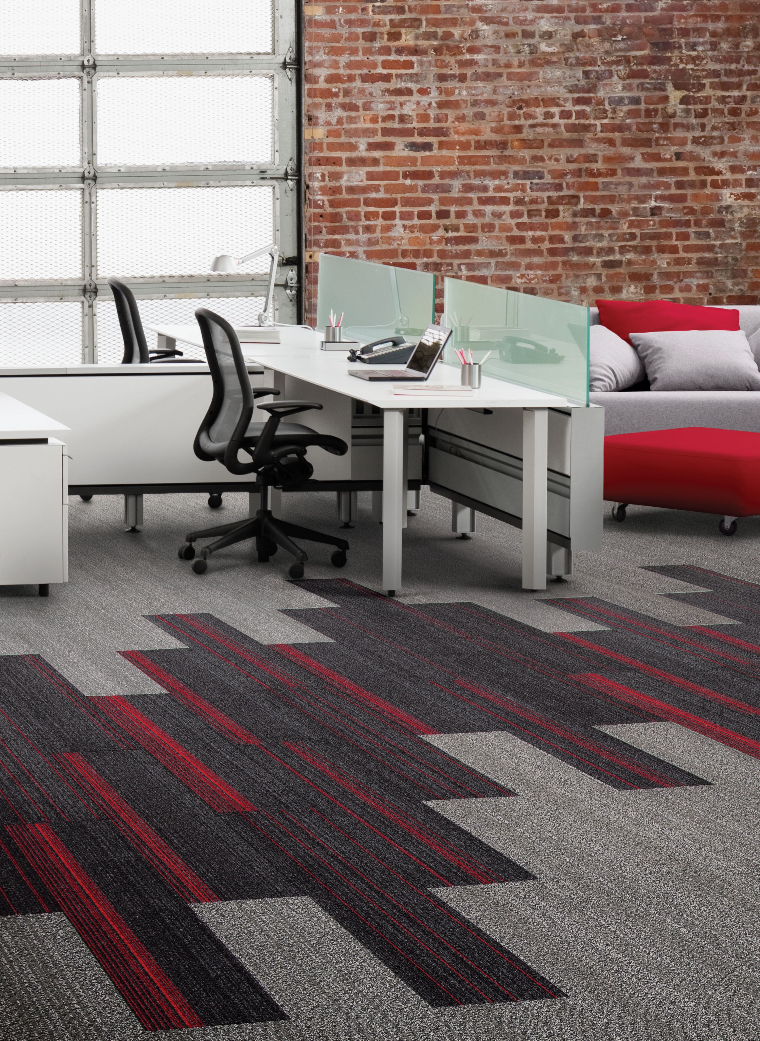 Interface BP410 and BP411 plank carpet tile in open office with exposed brick wall image number 8