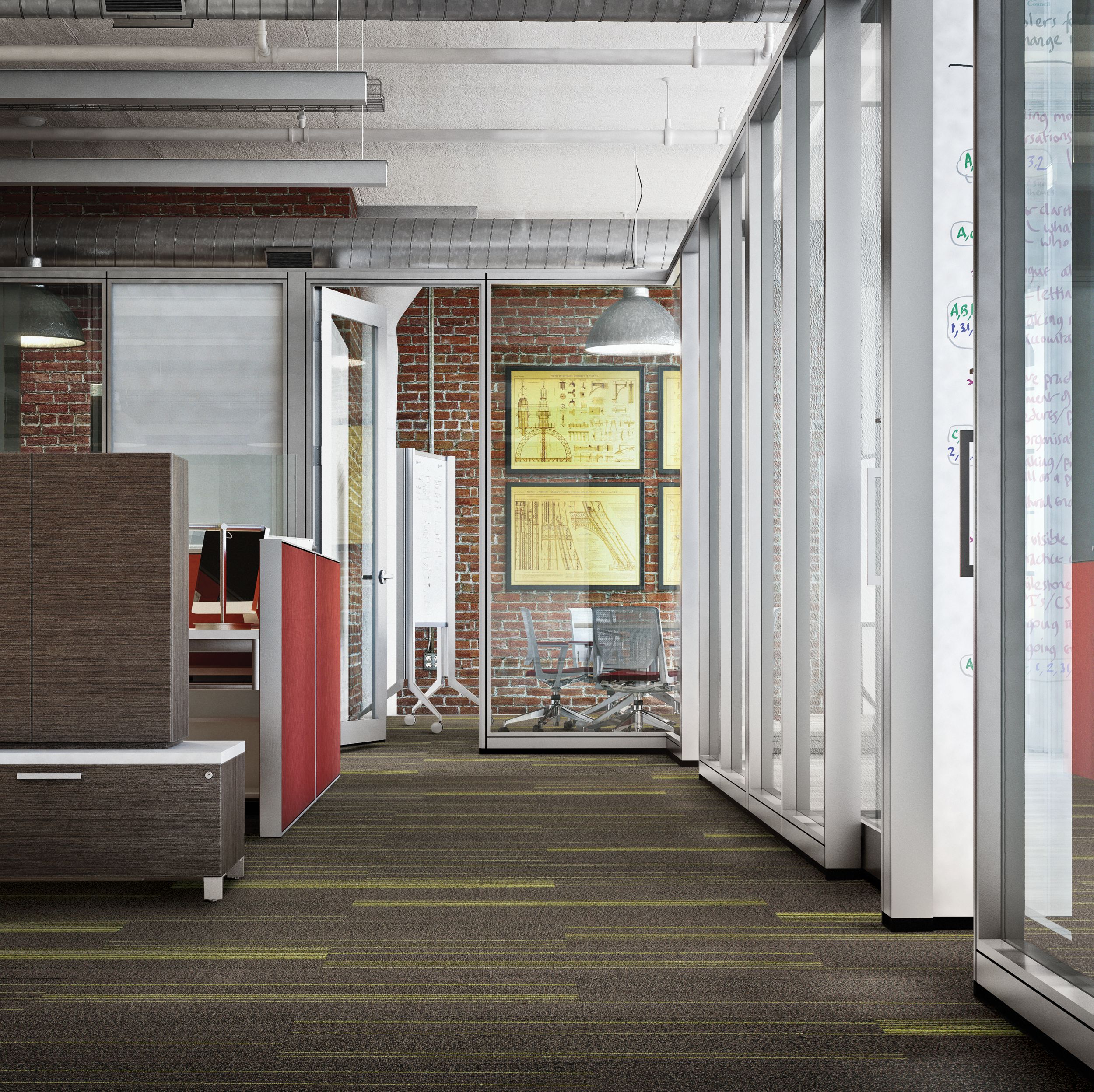 Interface BP411 plank carpet tile in open office with glass walls and exposed brick wall imagen número 7