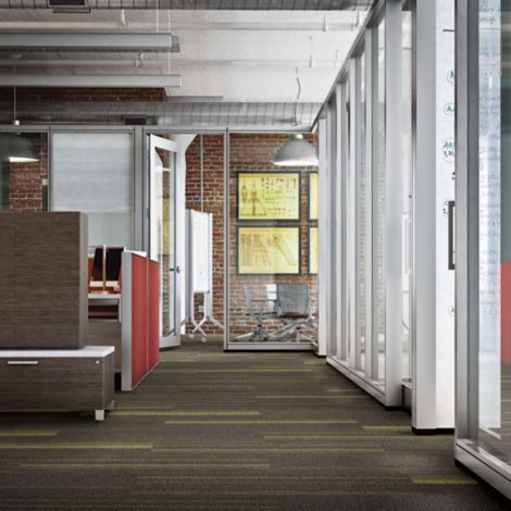 Interface BP411 plank carpet tile in open office with glass walls and exposed brick wall image number 7