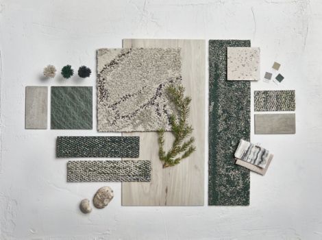 Inspirational table top palette with Beaumont Range and Fresco Valley products in a Evergreen/Iron color theme