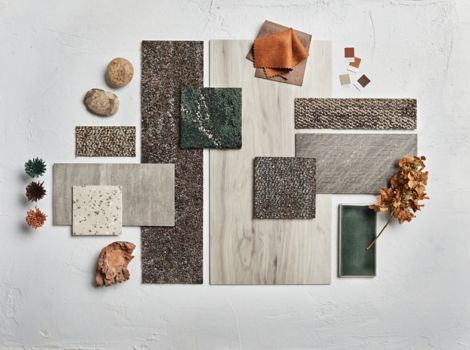 Inspirational tabletop palette with Beaumont Range and Fresco Valley products in Umber and Pine